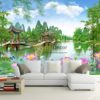 Tranh dán tường 3D - Tranh phong cảnh ao sen cây cầu 5D014