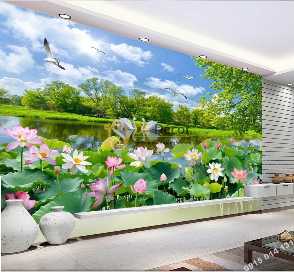 Tranh dán tường 3D - Tranh phong cảnh hồ sen 5D012 - Đại Sơn Decor - Trang  Trí Nội Thất Đẹp