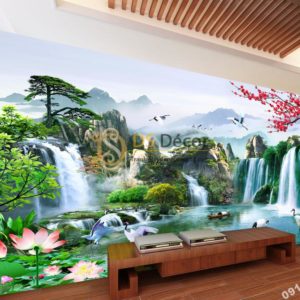 Tranh dán tường 3D - Tranh phong cảnh thác nước sơn thủy hữu tình 5D015