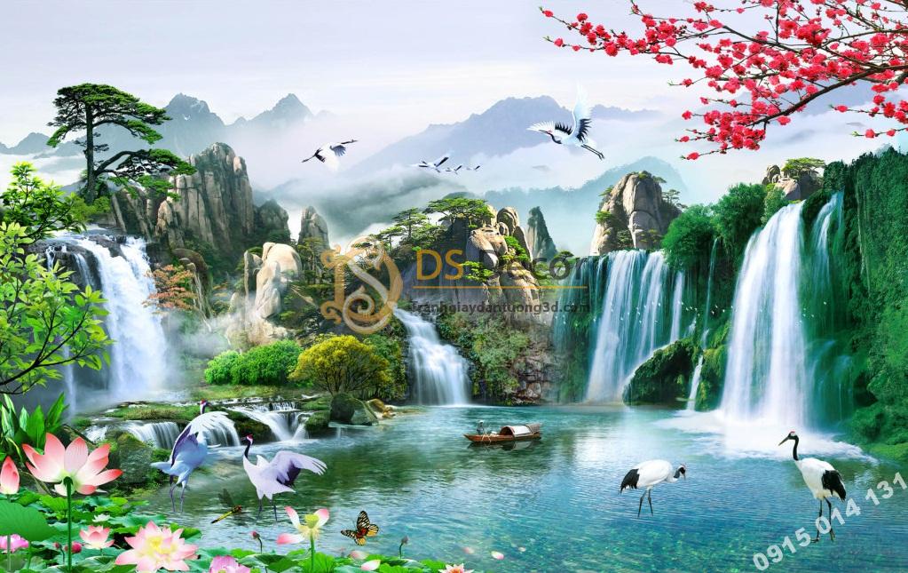 Tranh dán tường 3D - Tranh phong cảnh thác nước sơn thủy hữu tình 5D015 -  Đại Sơn Decor - Trang Trí Nội Thất Đẹp